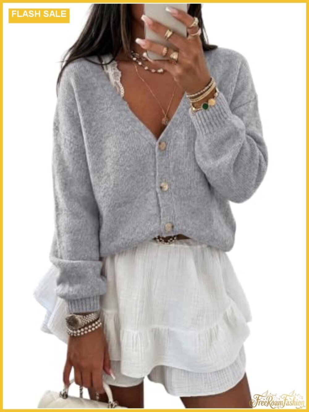 Oversized Cropped Cardigan Sweater V-Neck Button Up Long Sleeve Fall